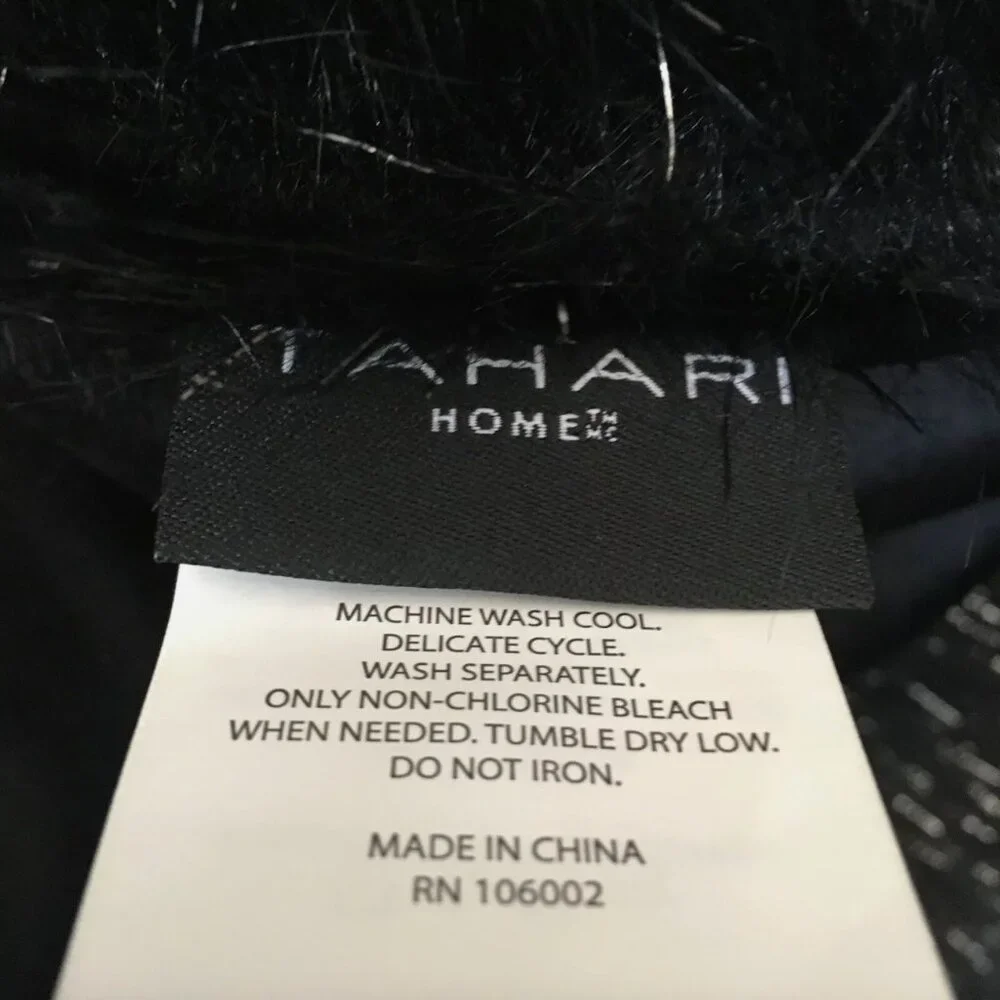 Tahari Black Faux Fur Throw Blanket Silver TInsel Luxury Halloween Decor NEW